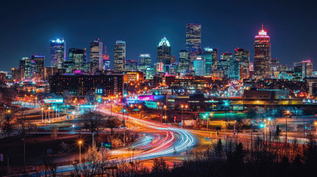 The view captures a bustling city skyline at night, filled with colorful lights and tall buildings, highlighting a lively atmosphere and dynamic traffic flow on the roads below.の素材