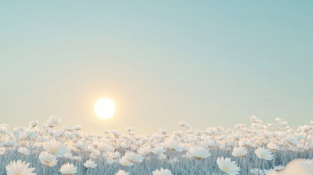 Early morning light baths a vast field of white flowers, creating a peaceful atmosphere as the sun rises in a clear blue sky, reflecting the beauty of nature.の素材