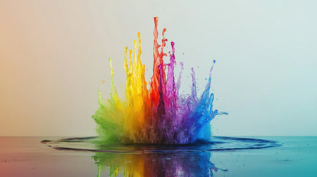 A dynamic burst of color erupts from water, forming a striking rainbow splash. This spectacle showcases the beauty of fluid motion and artistic creativity.の素材