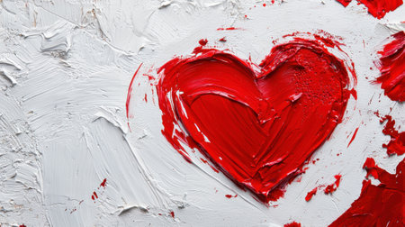 A red heart is painted on a white background. The heart is surrounded by red paint, and it is smeared and messy. Scene is one of love and passionの素材
