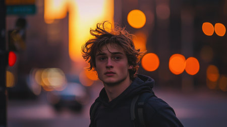 A young man with messy hair pauses in an urban street as the sun sets behind him, casting a warm glow across the scene. City lights begin to twinkle, enhancing the atmosphere.の素材