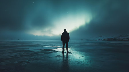 A lone figure stands on a frozen landscape, gazing at the vibrant northern lights illuminating the dark sky during twilight. The atmosphere is serene and captivating.の素材