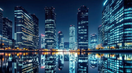 Brightly lit skyscrapers rise against the night sky, their reflections shimmering in the still water below. The urban landscape highlights modern design and technology.の素材