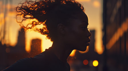 A woman jogs in an urban environment at sunset, her silhouette highlighted against a bright orange sky and city skyline. The scene captures movement and serenity.の素材