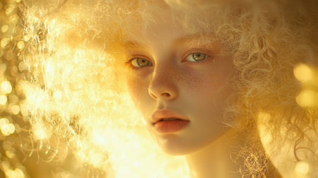 A young woman with curly hair and striking green eyes gazes into the distance. Golden light envelops her, creating a dreamy and ethereal atmosphere, highlighting her delicate features.の素材