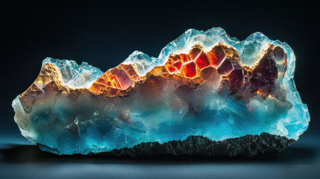 A stunning crystal formation captures natural light, revealing vibrant hues of blue, orange, and red. The intricate patterns of the stone highlight its natural beauty and complexity.の素材