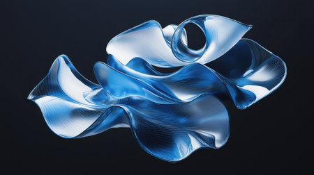 A stunning blue glass creation displays smooth, flowing curves and intricate patterns. Its vibrant color contrasts beautifully against a dark background, highlighting its artistry.の素材
