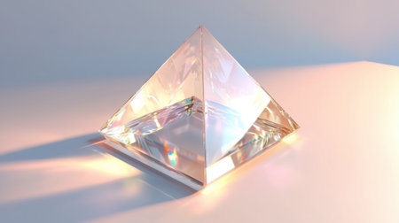A crystal prism rests on a smooth surface, capturing and refracting light to create a spectrum of colors. The background is softly illuminated, enhancing the tranquil atmosphere at dawn.の素材