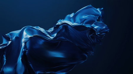 A piece of blue fabric drapes and flows in an artistic manner against a dark background, showing intricate folds and shadows that create a sense of movement and depth.の素材