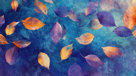 Vibrant autumn leaves in shades of orange and purple are scattered across a rich blue background, creating a striking visual contrast that captures the essence of the season.の素材