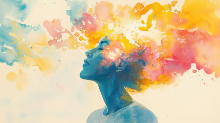 A person is depicted in profile, with colorful splashes of watercolor emanating from their head.の素材