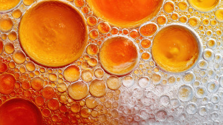 Bright orange and yellow bubbles appear suspended in a clear liquid, forming an abstract pattern. The light reflects off the surface, enhancing the vibrant colors and shapes.の素材