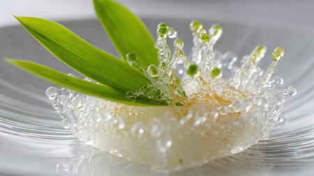 This exquisite dish showcases a blend of textures and flavors, with vibrant green elements and sparkling bubbles elegantly arranged on a white plate, creating a stunning visual appeal.の素材