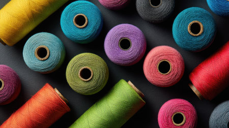Bright spools of thread in various colors are neatly arranged on a dark surface, showcasing a vibrant atmosphere in a craft studio. Creative energy fills the space.の素材
