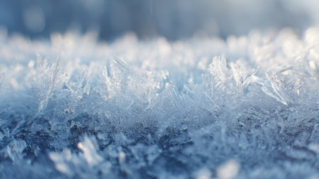Delicate ice crystals sparkle in the sunlight on a chilly winter morning. The scene captures the beauty of frost on a natural surface, evoking a serene atmosphere.の素材
