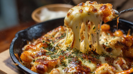 Melted cheese stretches dramatically as a fork lifts a serving of baked gnocchi from a cast iron skillet. The setting is warm and inviting, perfect for enjoying comfort food.の素材