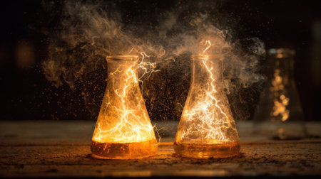 Bright sparks and glowing energy burst from two glass beakers in a science lab. The atmosphere is filled with smoke as a dramatic experiment unfolds, showing chemistry in action.の素材
