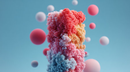 A vibrant display of soft, fluffy textures in shades of pink, orange, and blue, surrounded by various floating spheres against a clear blue backdrop.の素材