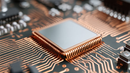 A detailed view of a microprocessor mounted on a circuit board reveals complex circuitry and connections, highlighting modern technology's advancement and design excellence.の素材