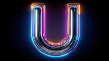 Bright neon letter U designed with colorful lights shines against a dark backdrop, creating a modern and stylish visual effect perfect for branding or art projects.の素材