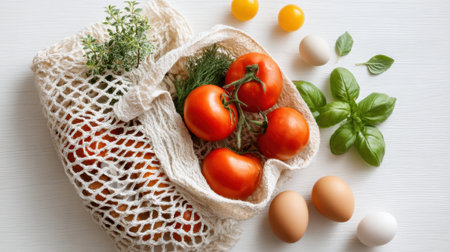 Fresh red tomatoes, yellow eggs, and green herbs are laid out on a white surface, ready for meal preparation. The vibrant colors enhance the kitchen atmosphere.の素材