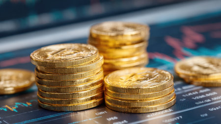 Golden coins are stacked in a neat arrangement on top of a financial chart that displays various market trends and trading data. The scene captures the essence of investment and finance.の素材