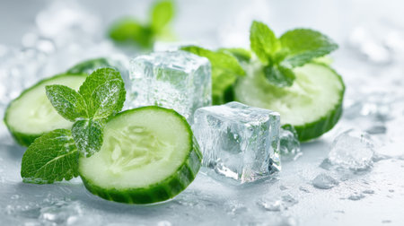 Slices of fresh cucumber are arranged with cool ice cubes and vibrant mint leaves. This setup reflects a refreshing summer ambiance perfect for drinks and snacks.の素材