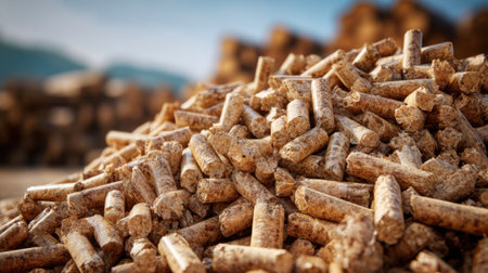 A large pile of wooden pellets is seen at a production facility. The scene showcases the quality and texture of the pellets, with mountains in the background on a sunny day.の素材
