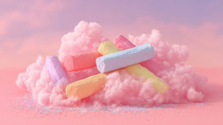 Bright, colorful chalk pieces are scattered atop fluffy cotton candy clouds. The scene is painted in soft pastel colors, evoking a dreamy, whimsical atmosphere as the sun sets.の素材