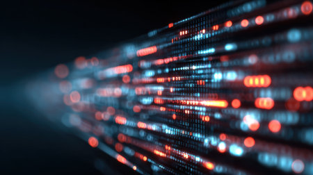 Bright red and blue digital lines stretch and blur in a dark environment, creating a sense of speed and motion through the space. This striking visual captures dynamic digital energy.の素材