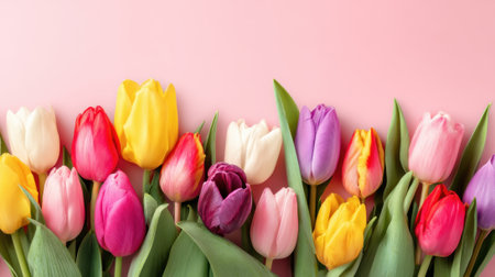 A vibrant arrangement of tulips in various colors, including red, yellow, purple, and white, lies on a soft pink background, celebrating the charm of spring blooms.の素材