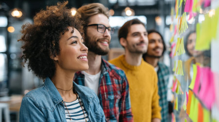 Group of young professionals collaborated in a bright office, smiling and engaged while looking at colorful sticky notes on a wall, sharing ideas during a brainstorming session.の素材