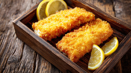 Two golden brown, crispy fried fish fillets are placed in a wooden box, accompanied by fresh lemon slices. The setting features a rustic wooden table, enhancing the presentation.の素材