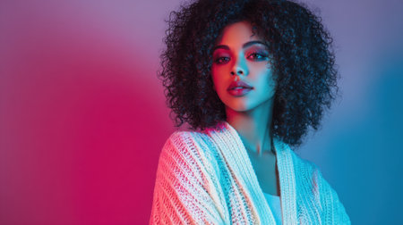 A stylish model stands confidently in a studio, surrounded by vibrant pink and blue lights. Her curly hair and elegant outfit create a captivating visual. The atmosphere feels artistic and modern.の素材