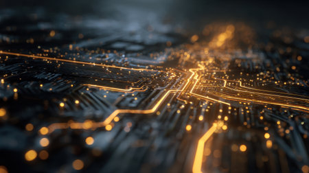 A close view of a circuit board shows intricate patterns with glowing orange lines and lights. The background creates a dark atmosphere that enhances the technology theme.の素材