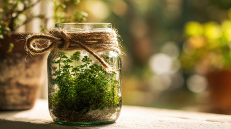 A glass jar filled with vibrant green moss sits on a windowsill. Soft sunlight filters through the window, creating a warm ambiance. Surrounding plants add to the natural atmosphere.の素材