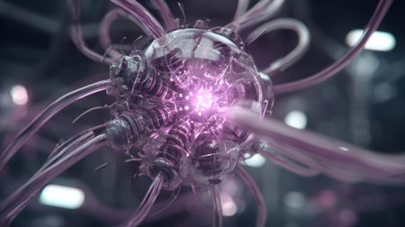 A detailed close-up displays a futuristic energy generator emitting a bright violet glow. Its complex design showcases intricate wiring and tech elements in a sci-fi setting.の素材