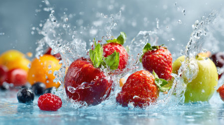 Juicy apples, strawberries, and other fruits make a lively splash as they hit the water in a bright kitchen. The scene captures freshness and vitality in a fun way.の素材