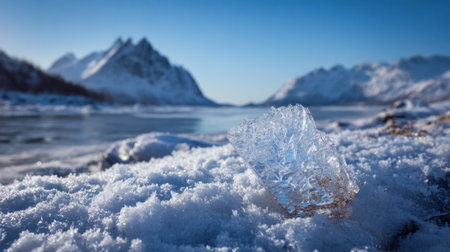 An ice crystal rests on soft snow beside a calm lake. Majestic mountains rise in the distance under a bright blue sky. The scene captures the beauty of winter tranquility.の素材