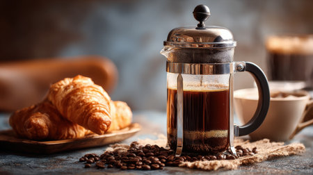 A cozy setting features a French press filled with dark coffee, croissants on a wooden plate, and coffee beans scattered around. Perfect for a warm breakfast experience.の素材
