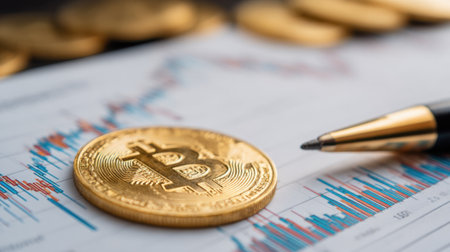 A shiny bitcoin coin rests on a trading chart filled with colorful graphs. A pen lies beside the coin, indicating active market analysis and interest in cryptocurrency trading.の素材