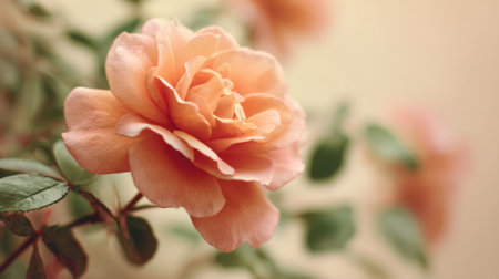 A beautiful peach rose is blooming softly among lush green leaves. The gentle light enhances the flower's colors, creating a peaceful atmosphere in the background.の素材