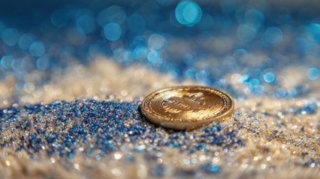 A golden coin is placed on a textured blue surface that sparkles with light. The combination of colors creates an inviting and vibrant atmosphere.の素材