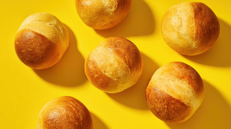 Six golden rolls are arranged on a vibrant yellow surface. The rolls have a shiny crust and a soft texture, inviting anyone to enjoy this baked treat.の素材