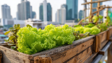 Fresh and bright lettuce grows in wooden boxes on a rooftop garden, with a backdrop of tall city buildings under a clear sky. This urban gardening scene highlights sustainable living.の素材