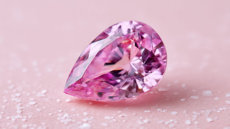 A stunning pink gemstone is showcased on a soft pink surface. Its faces reflect light beautifully, creating an elegant sparkle. The scene is calm and inviting.の素材