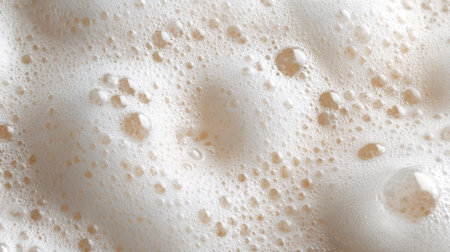Foam covers the surface of a creamy beverage, reflecting soft light. The texture showcases tiny bubbles, creating a refreshing and inviting appearance perfect for relaxation.の素材