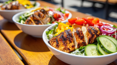 Fresh grilled chicken salads with vibrant vegetables are arranged in bowls on a wooden table. The scene captures an inviting outdoor dining experience in bright sunlight.の素材