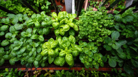 Fresh herbs including basil, mint, and oregano thrive in pots on a balcony. The lush green leaves glisten with morning dew, soaking up sunlight in a vibrant garden setting.の素材