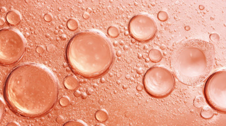 Bubbles and water droplets sit on a smooth surface, forming abstract shapes in a soft pink hue. The scene captures the beauty of fluid dynamics and textures.の素材